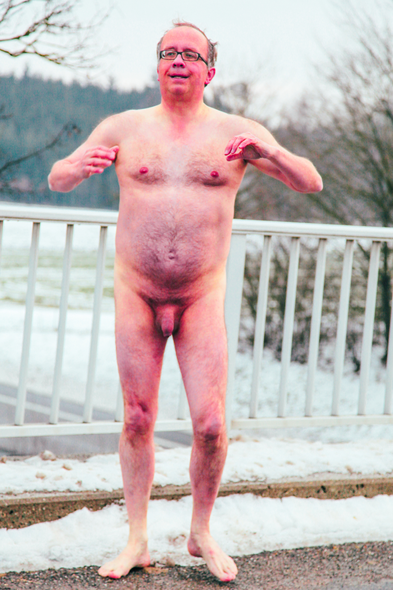 Male nude on bridge over highway close to Biberach, Germany