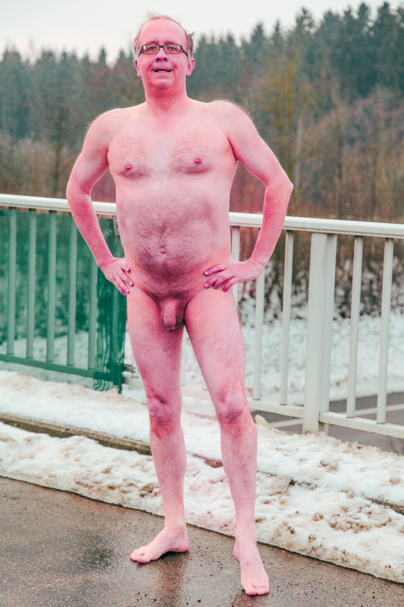 Male nude on bridge over highway close to Biberach, Germany