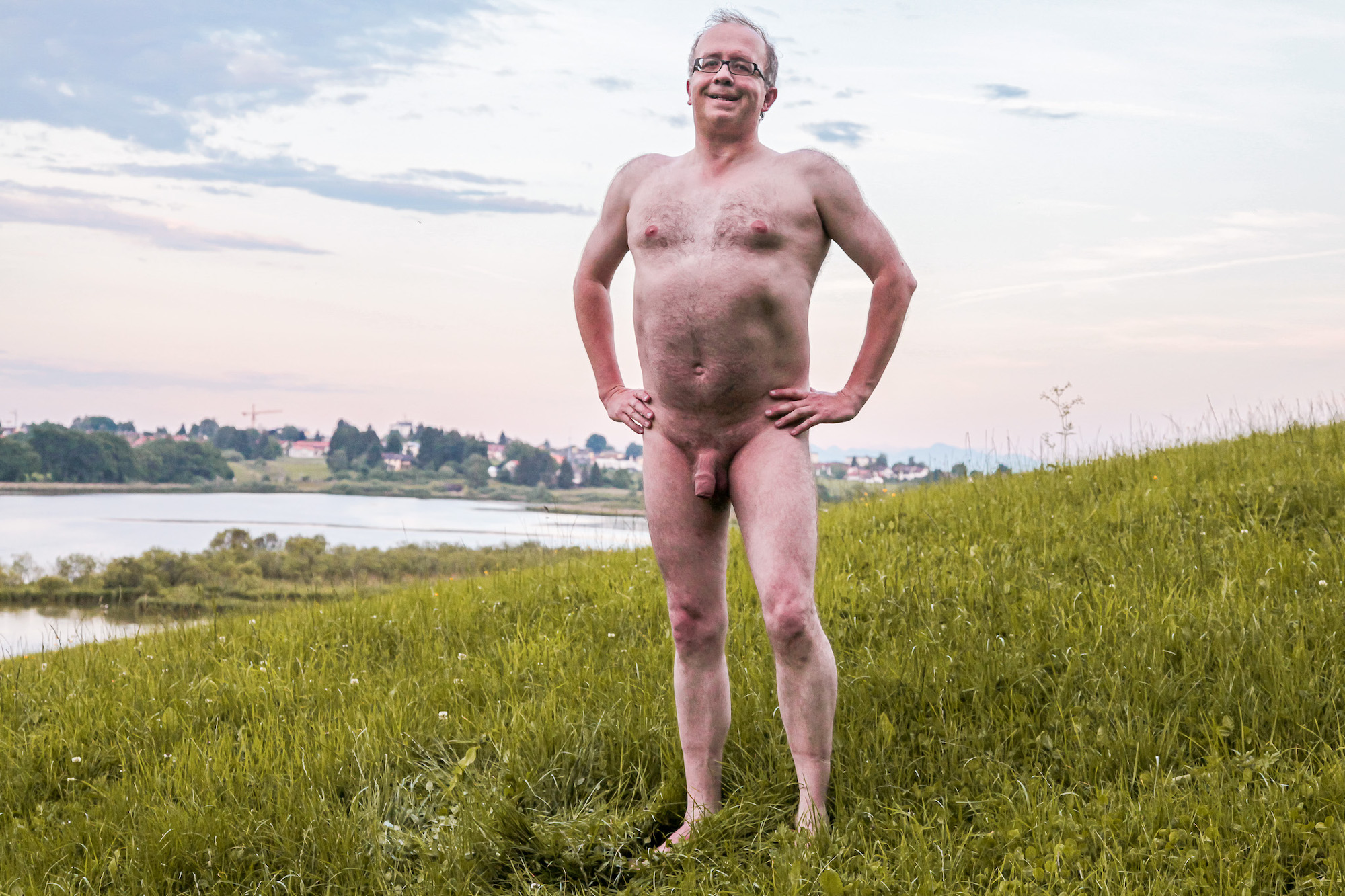 Male nude showing his cock and balls on the shore of Egglburger See in Upper Bavaria