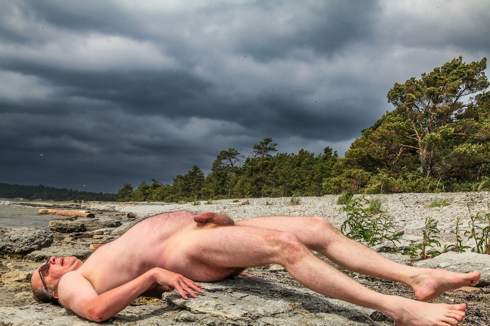 Male nude in Gotland with cock and balls exposed